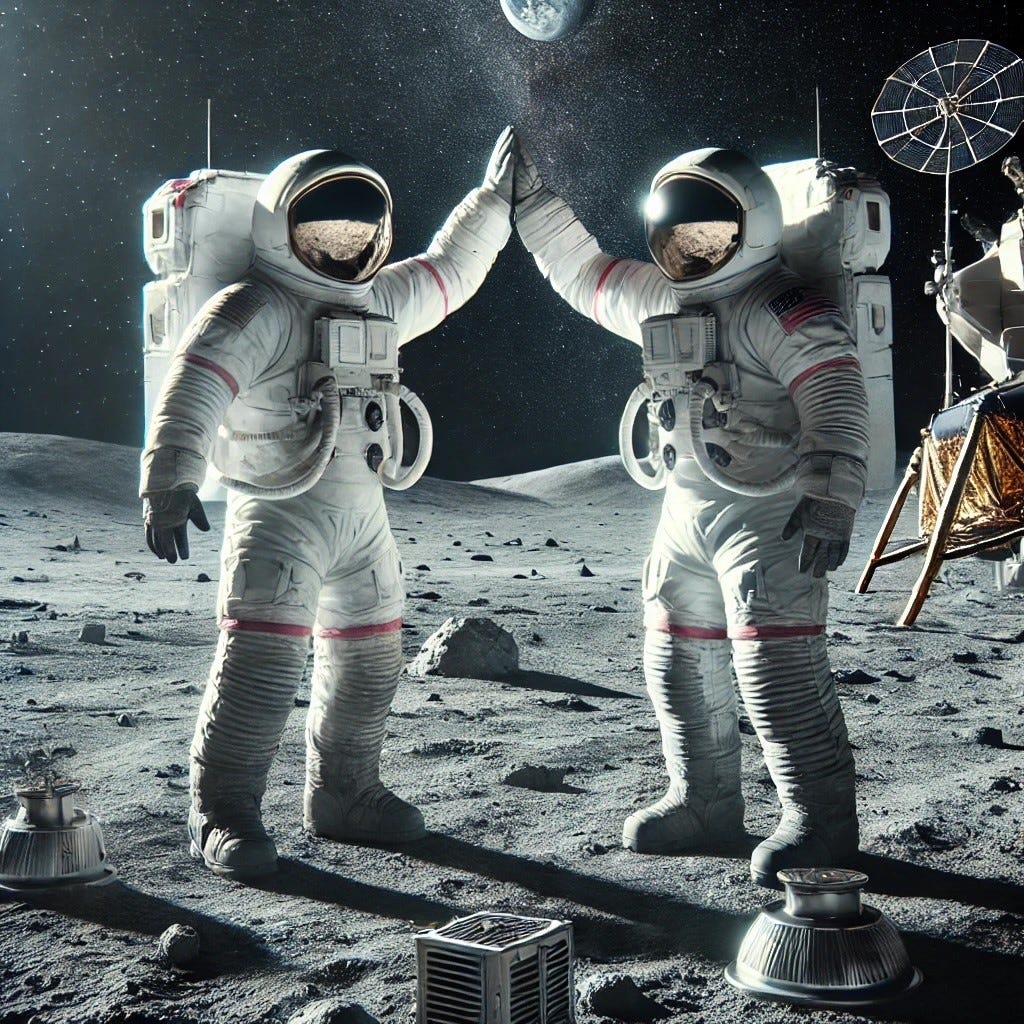 Two astronauts on the moon

Description automatically generated