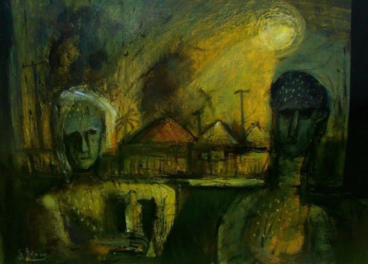 This may contain: an abstract painting with buildings and trees in the background