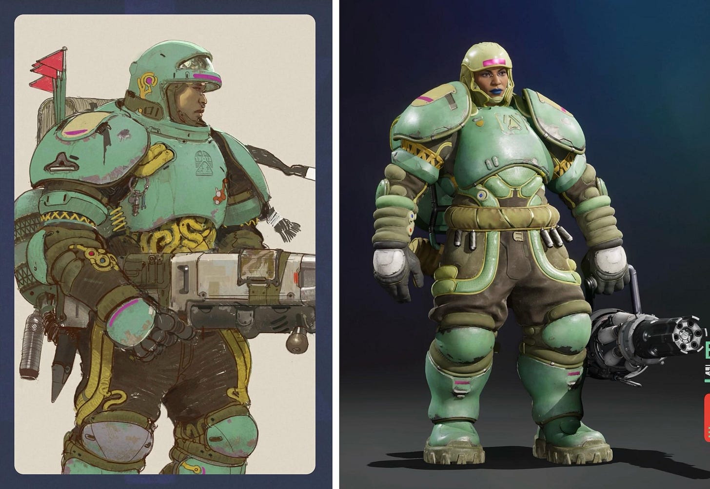 Comparison of initial concept art and final version of a Concord character Comparison of initial concept art and final version of a Concord character