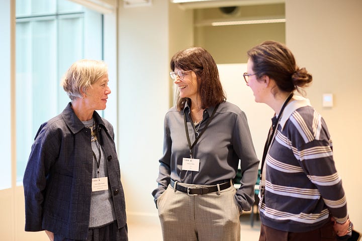 Three women speaking and smiling with ARIA lanyard (left photo), two men and a women speaking with an ARIA logo in the background (right hand side)