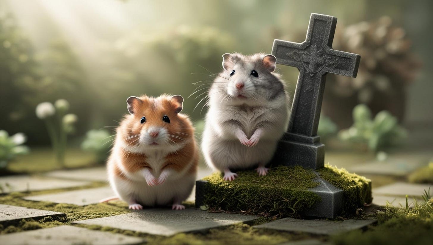 Two hamsters standing next to a mini hamster headstone at a grave