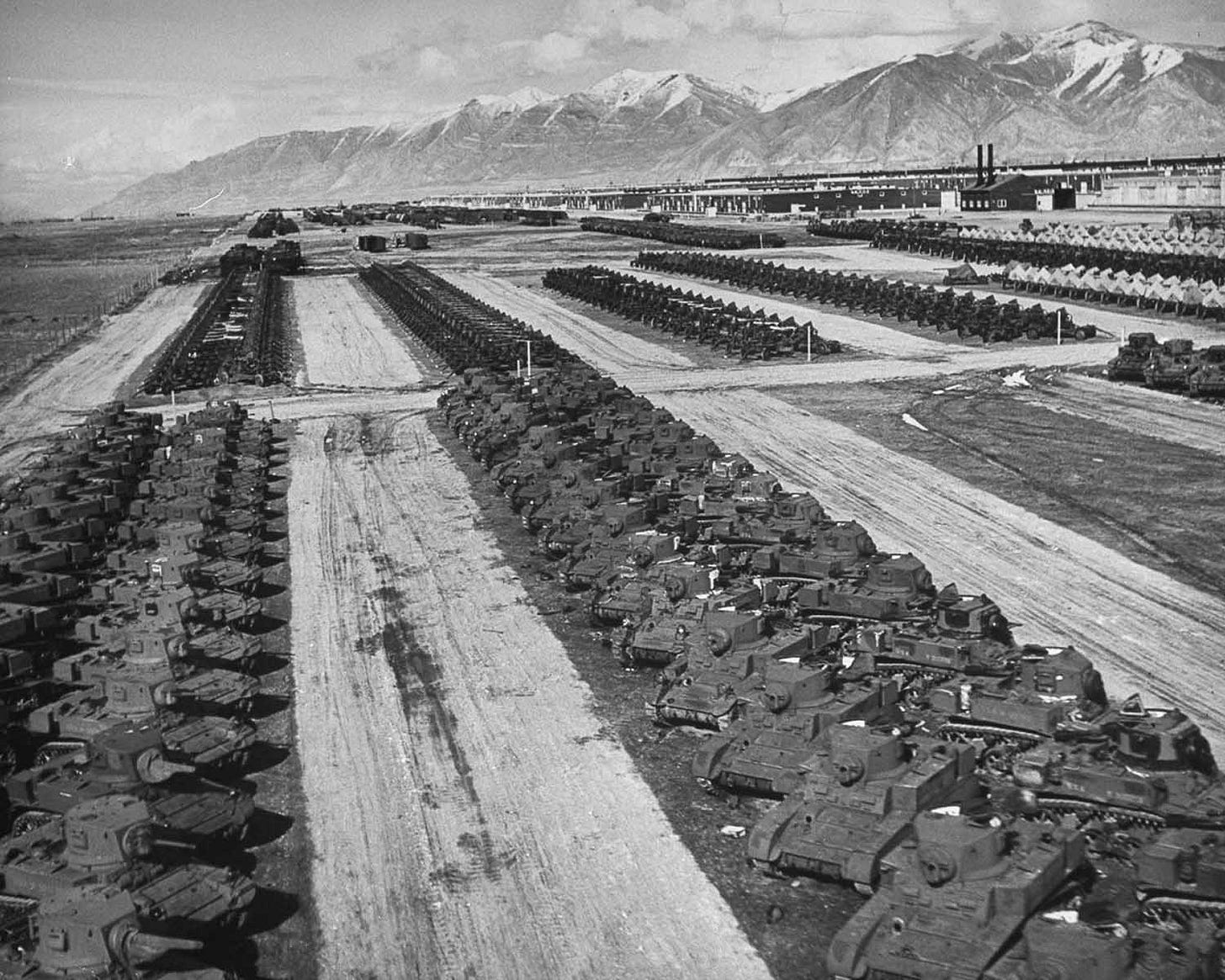 A vast array of surplus armored vehicles in storage at a U.S. facility, 1946, awaiting their fate. A vast array of surplus armored vehicles in storage at a U.S. facility, 1946, awaiting their fate.