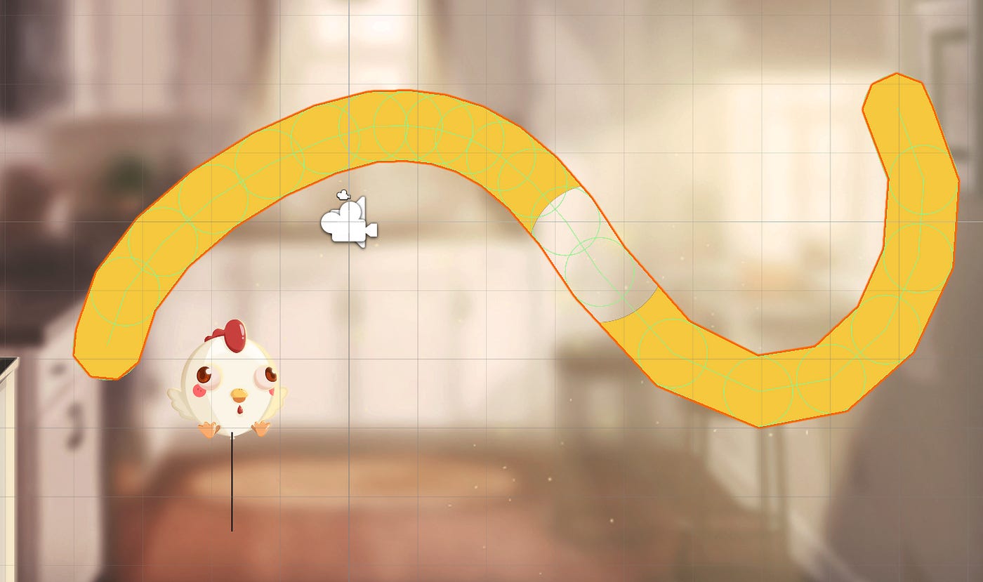 Curva da margarina com implementação do EdgeCollider2D, se alinhando exatamente na posição esperada.