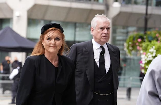 Sarah Ferguson and Prince Andrew dressed in all black walking together Sarah Ferguson and Prince Andrew dressed in all black walking together