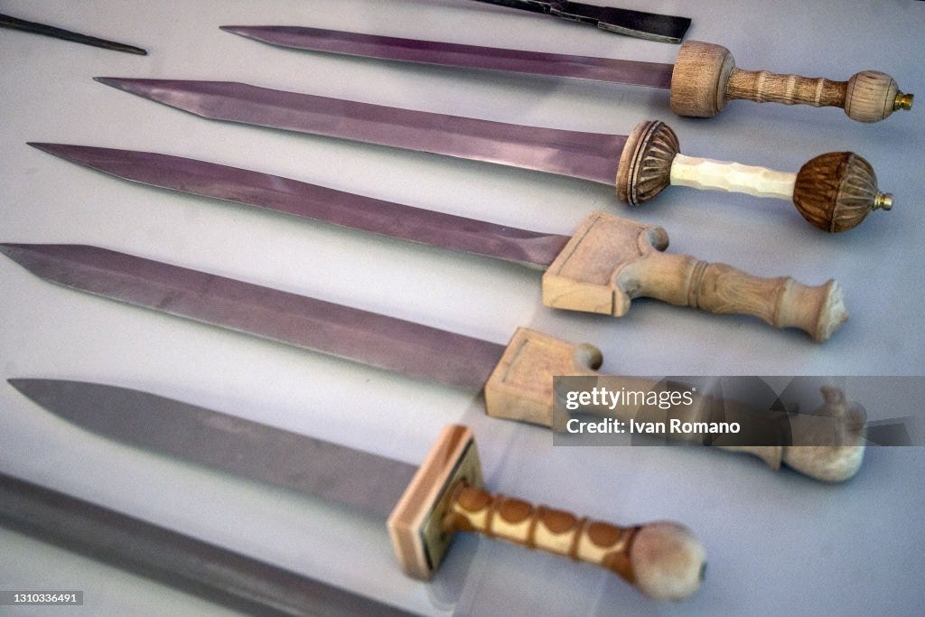 Details of Roman swords from the exhibition "Gladiators" at the MANN...  News Photo - Getty Images