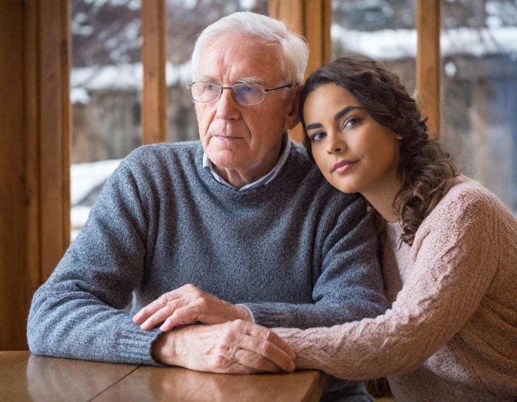 Tight portrait of 22-year-old granddaughter with her grandfather, who is 81. Both look thoughtful.  Snowy day shows through a window in the background.