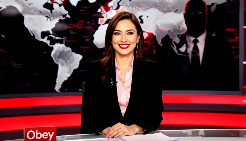 a female news reader smiling, small sign saying 'obey', background map of world and dark, shadowy figure