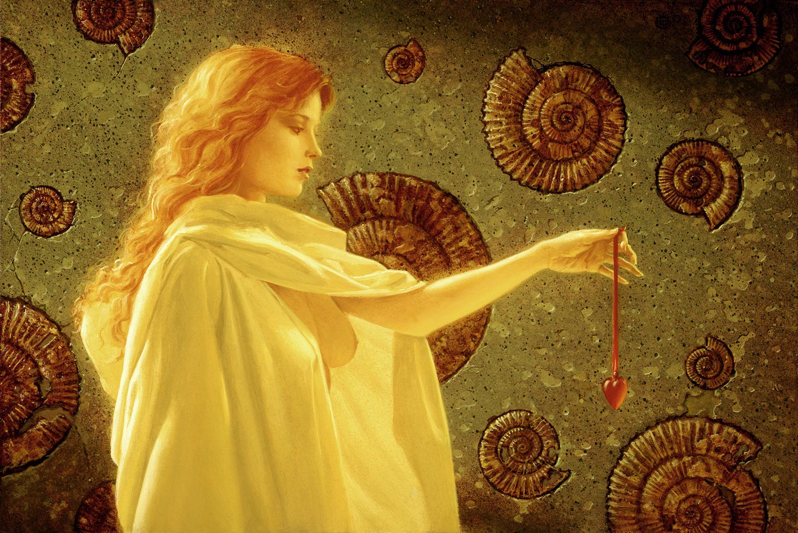 A woman wrapped in a sheet of white fabric contemplates a red glass heart held at arm's length. The glow of light from behind bathes her long, wavy red hair. She holds her left arm extended exposing one bare breast from beneath the folds of cloth. The pale skin of her arm catches highlights of golden light. Between thumb and forefinger, she pinches a thin red ribbon weighed down by the small glass heart. The wall behind her is made of rough olive stone set with brown ammonite fossils in relief. A woman wrapped in a sheet of white fabric contemplates a red glass heart held at arm's length. The glow of light from behind bathes her long, wavy red hair. She holds her left arm extended exposing one bare breast from beneath the folds of cloth. The pale skin of her arm catches highlights of golden light. Between thumb and forefinger, she pinches a thin red ribbon weighed down by the small glass heart. The wall behind her is made of rough olive stone set with brown ammonite fossils in relief.