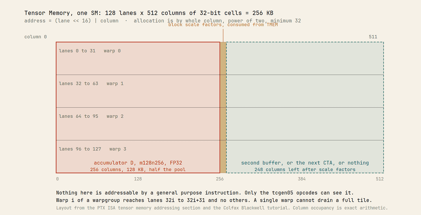 Diagram of the Tensor Memory grid, 128 lanes by 512 columns, showing a 128 by 256 accumulator allocation, scale factor columns, and the warp lane partition Diagram of the Tensor Memory grid, 128 lanes by 512 columns, showing a 128 by 256 accumulator allocation, scale factor columns, and the warp lane partition