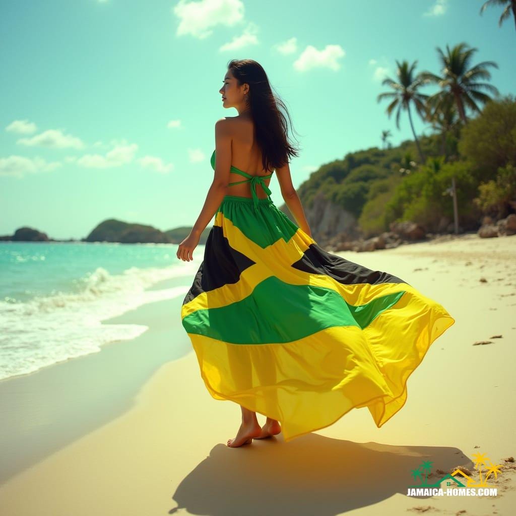 A beautiful Asian woman wearing a dress fashioned from the Jamaican flag, captured in a cinematic film still. Shot on a V-Raptor XL with 35mm film, the image features subtle film grain, a vignette, and dramatic, atmospheric cinematic lighting. The colors are expertly graded and post-processed, presenting a stunning, epic, and high-quality masterpiece with a live-action feel.