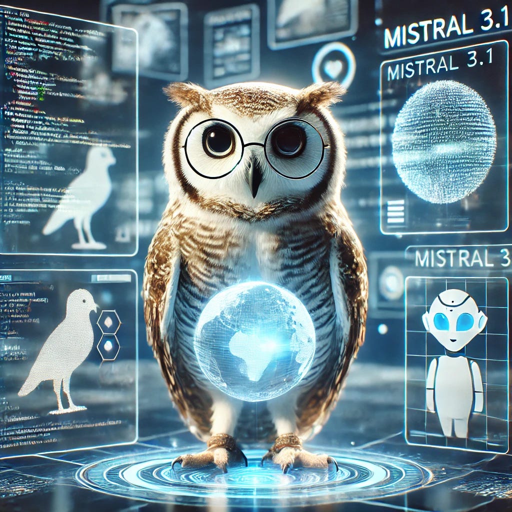 An intelligent-looking owl surrounded by holographic screens showing code and AI models. The owl is wearing small round glasses and stands next to a glowing logo of 'Mistral 3.1'. The scene is futuristic, clean, and focused on open-source innovation and artificial intelligence.