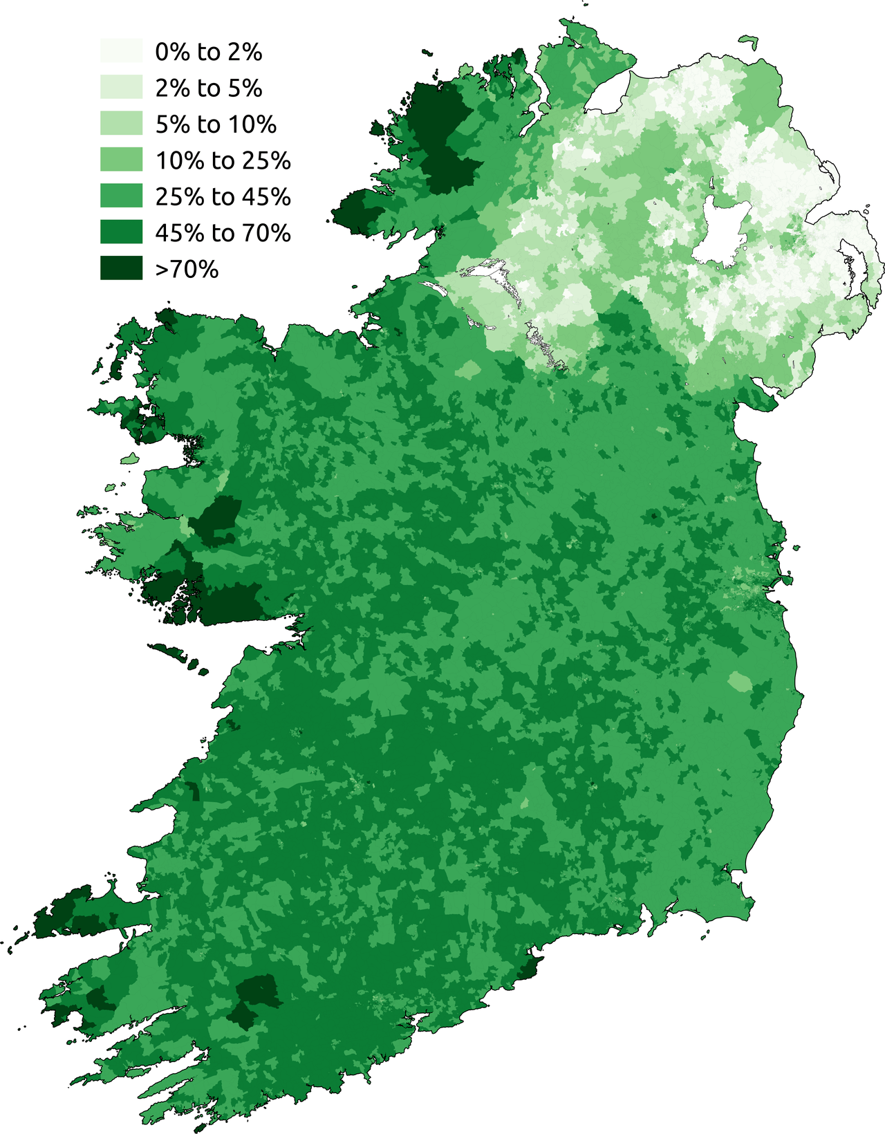 Choropleth map of Ireland showing percentages of Irish language speakers by region, with darker green indicating higher percentages.