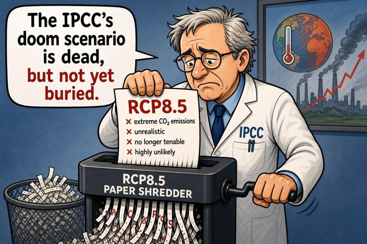 May be an image of text that says "The IPCC's doom scenario is dead, but not yet buried. RCP8.5 x extreme CO2 emissions x unrealistic x no longer tenable x highly unlikely โปลีเ PCC RCP8.5 PAPER SHREDDER un"
