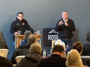 Rep. Matt Gaetz, R-Fla., (left) and Rep. Matt Rosendale, R-Montana, (right) speak to a crowd in Helena as part of their "Truth Tour" in Montana on Jan. 27, 2024. (Photo by Blair Miller, Daily Montanan) Rep. Matt Gaetz, R-Fla., (left) and Rep. Matt Rosendale, R-Montana, (right) speak to a crowd in Helena as part of their "Truth Tour" in Montana on Jan. 27, 2024. (Photo by Blair Miller, Daily Montanan)