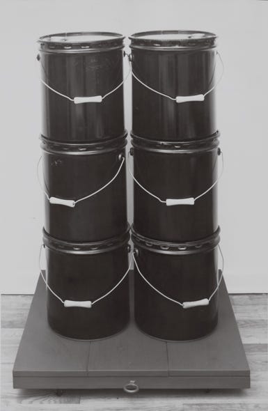 Aaron Kuriloff, Six Black Cans, 1963. FISCHBACH GALLERY ARCHIVES