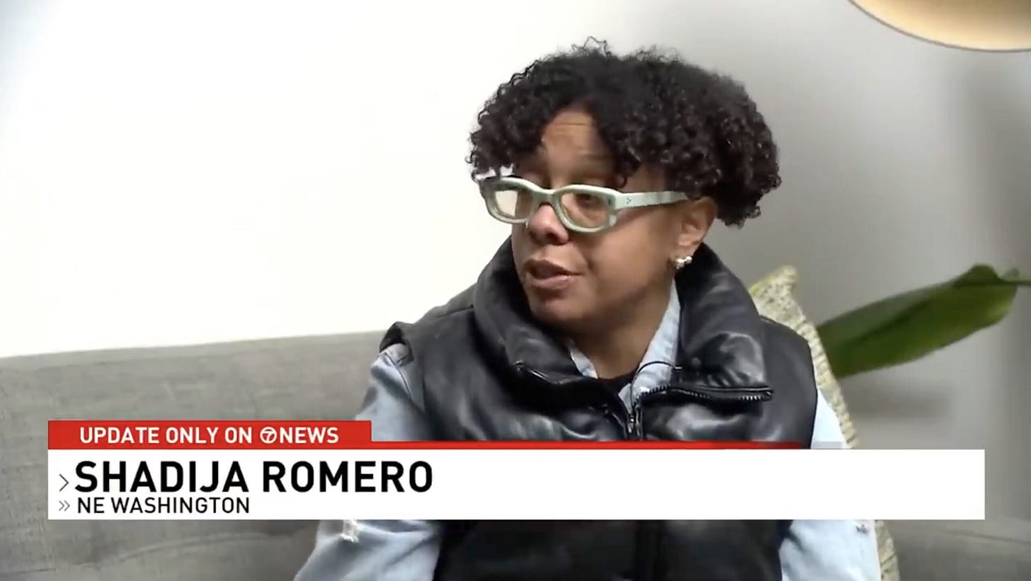 Shadija Romero speaking during a news segment in Northeast Washington, showcasing her unique style and perspective.