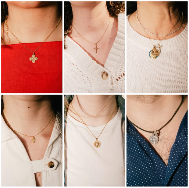 Collage of six people wearing necklaces with religious pendants.
