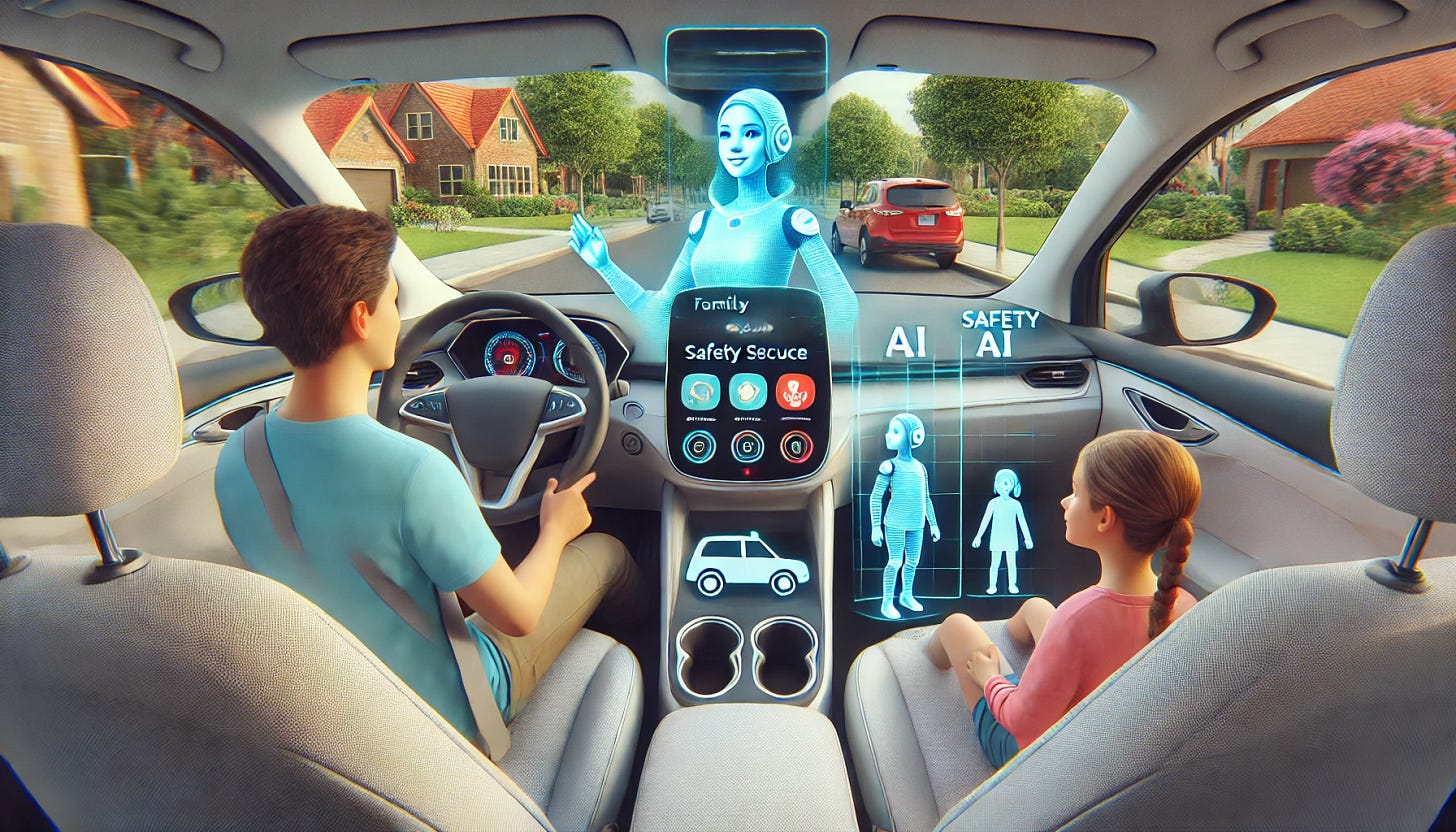 A 16:9 illustration of a family-friendly AI-powered car interacting with passengers. The interior features a clean, modern design, with a holographic AI interface on the dashboard, projecting a friendly avatar that is conversing with children and adults. The car's safety features are visibly highlighted, such as seatbelt indicators and child-friendly displays showing simple games or educational content. The background outside the car shows a calm suburban environment, emphasizing safety and family focus. The overall scene is vibrant yet grounded, showcasing practical and secure AI interaction in automotive technology.