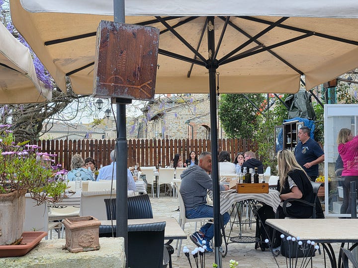 Patio dining area with umbrellas and wisteria plants.