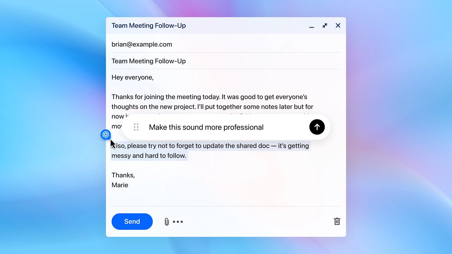 Email draft window titled ‘Team Meeting Follow-Up.’ The body text thanks the team for attending and reminds them to update a shared document. A ChatGPT cursor suggestion appears above highlighted text, showing a prompt that reads ‘Make this sound more professional,’ with the ChatGPT logo and an upward arrow icon beside it. Email draft window titled ‘Team Meeting Follow-Up.’ The body text thanks the team for attending and reminds them to update a shared document. A ChatGPT cursor suggestion appears above highlighted text, showing a prompt that reads ‘Make this sound more professional,’ with the ChatGPT logo and an upward arrow icon beside it.