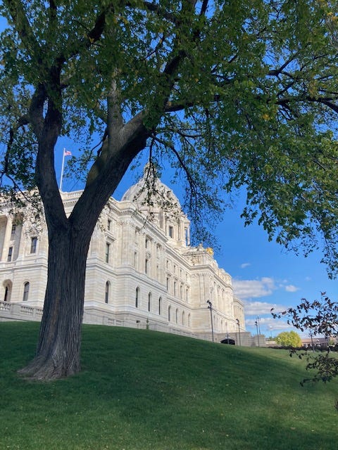 side view of the white marble state capitol building with a green tree framing the capitol on a green grass hill side view of the white marble state capitol building with a green tree framing the capitol on a green grass hill