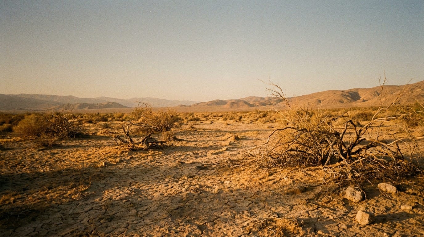 Cracked dry desert ground at dawn stretching to distant hills under a vast pale sky scattered with countless faint stars fading into the light, warm low sun across the sand, no people, no faces, no text Cracked dry desert ground at dawn stretching to distant hills under a vast pale sky scattered with countless faint stars fading into the light, warm low sun across the sand, no people, no faces, no text