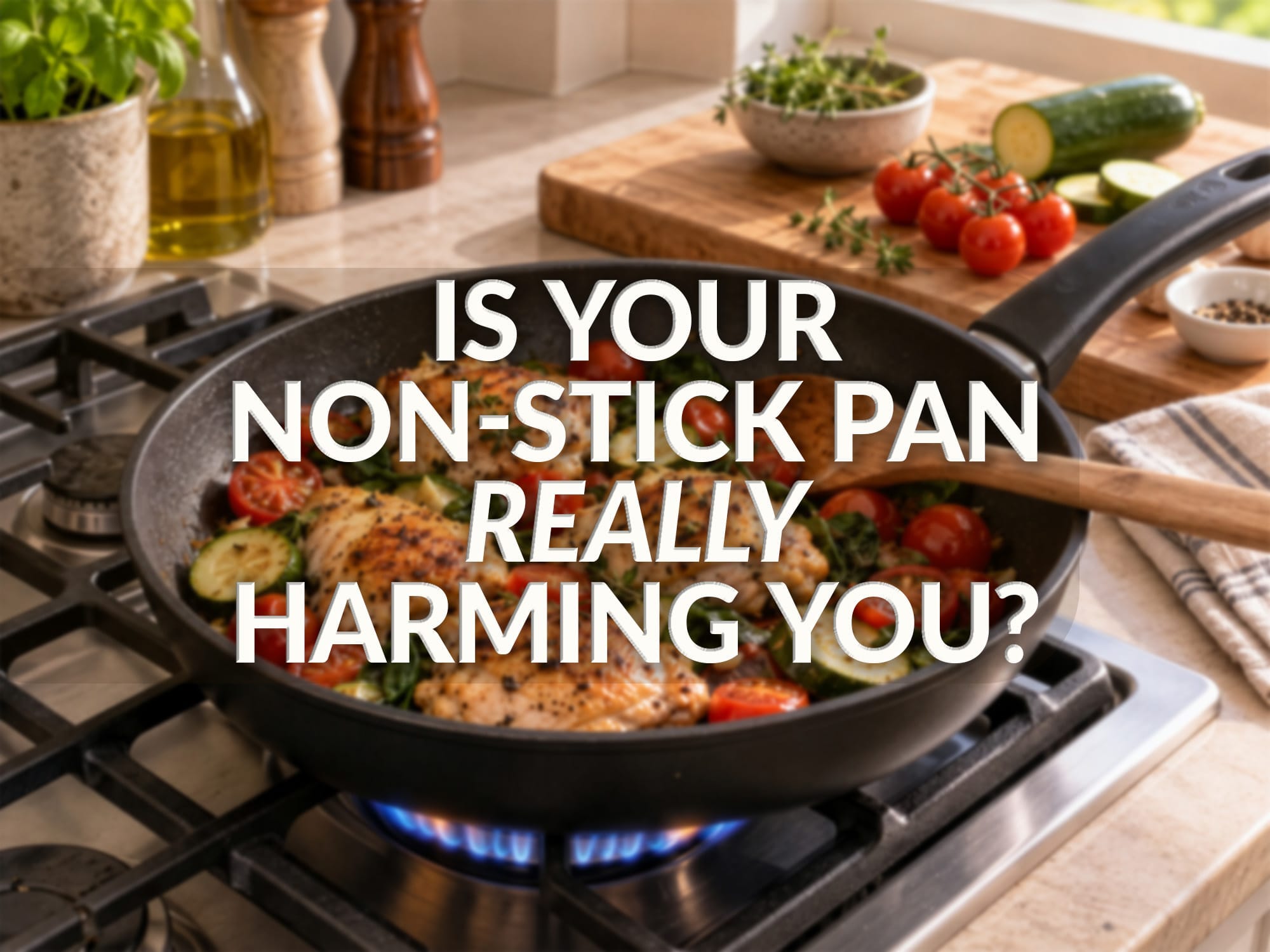 Chicken and vegetables cook in a non-stick frying pan