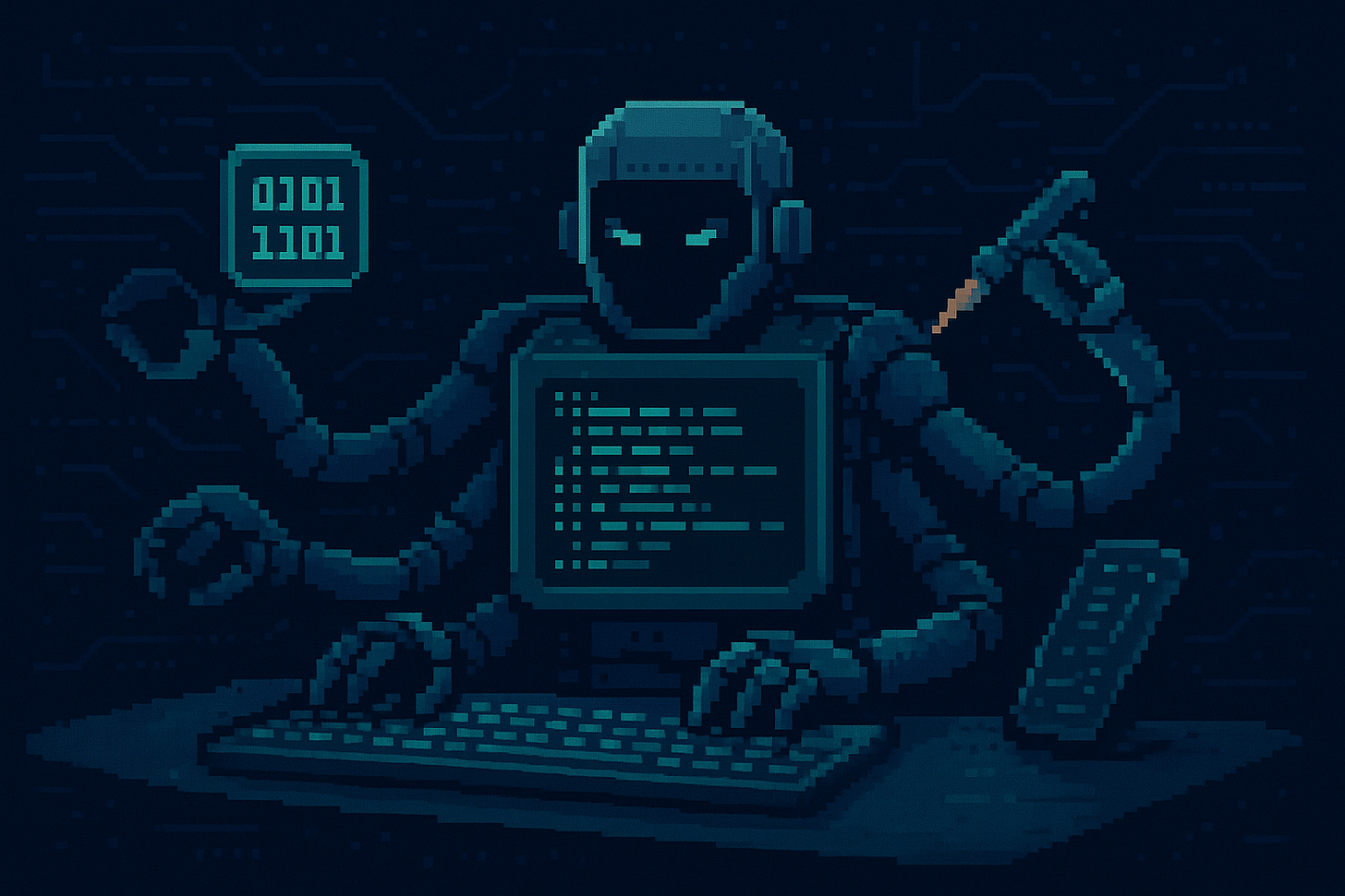 Pixel art futurista que muestra a un agente robótico con cuerpo de chip gigante y cuatro brazos mecánicos, similar a un pulpo cibernético, programando frente a un teclado. La escena tiene tonos azulados y verdes, con circuitos digitales de fondo que evocan un ambiente tecnológico y de inteligencia artificial