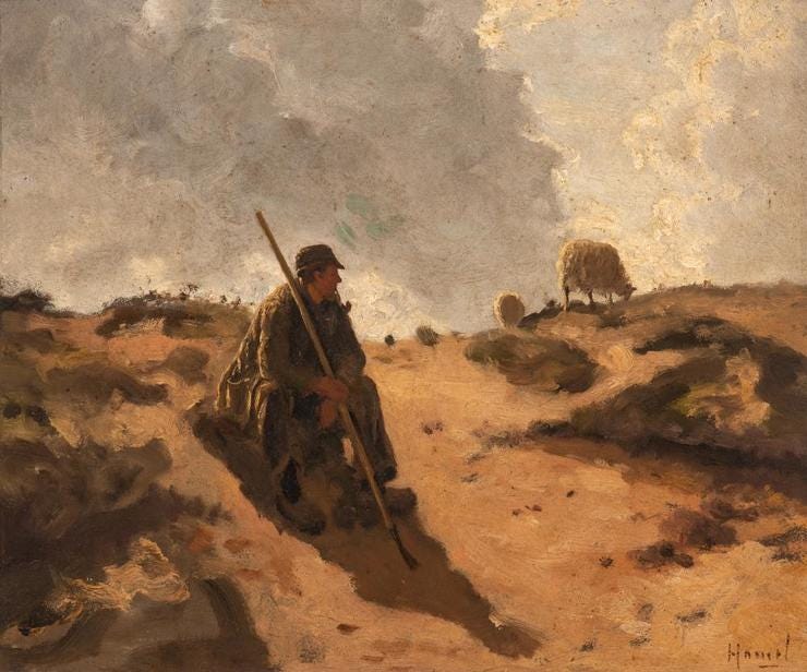 'Resting shepherd under the changing skies' - olieverf op board: Willem Hamel (herkomst: Adams Amsterdam Auctions) 'Resting shepherd under the changing skies' - olieverf op board: Willem Hamel (herkomst: Adams Amsterdam Auctions)
