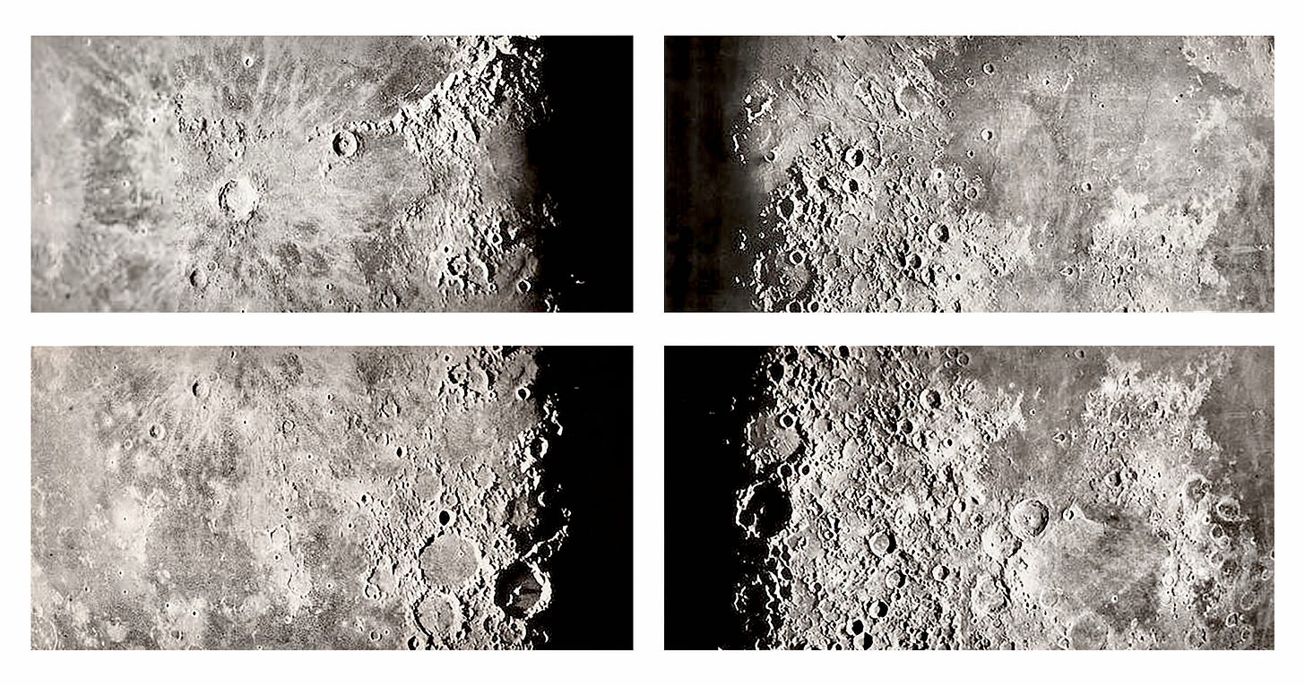 Four black-and-white close-up photographs of the Moon’s surface arranged in a grid, showing craters, ridges, and varied lunar terrain in high detail.