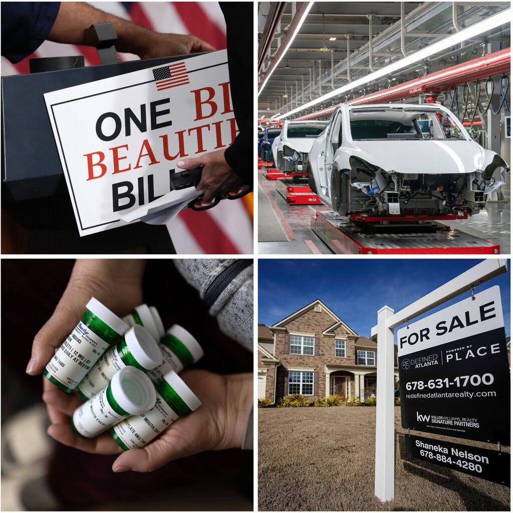 Images of a sign about the Republican policy bill, cars on a production line, pills in bottles and a house for sale.
