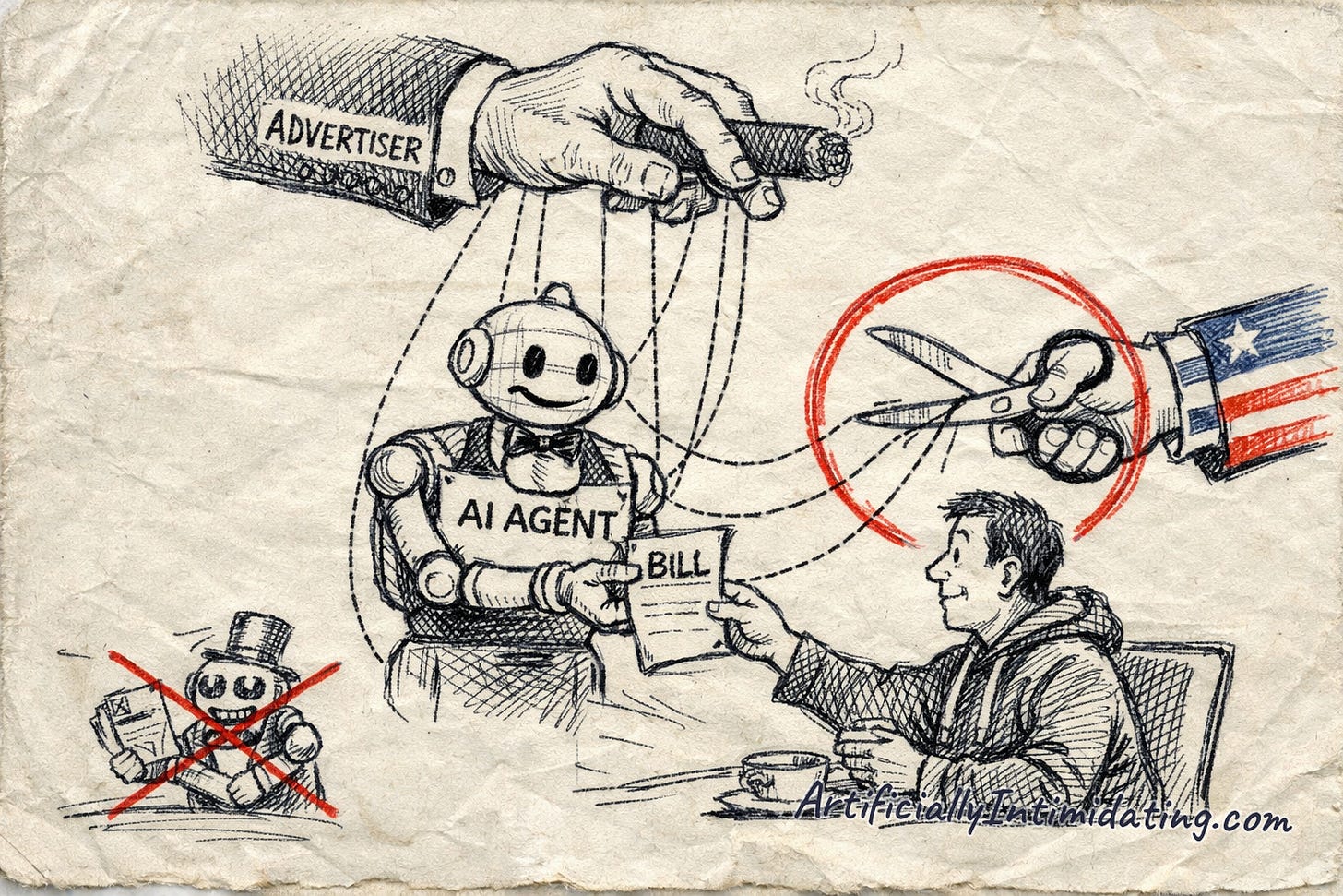 Editorial cartoon: a robot butler labeled AI AGENT hands a bill to a customer while puppet strings run up to an ADVERTISER hand, and an Uncle-Sam cuff cuts the strings with scissors
