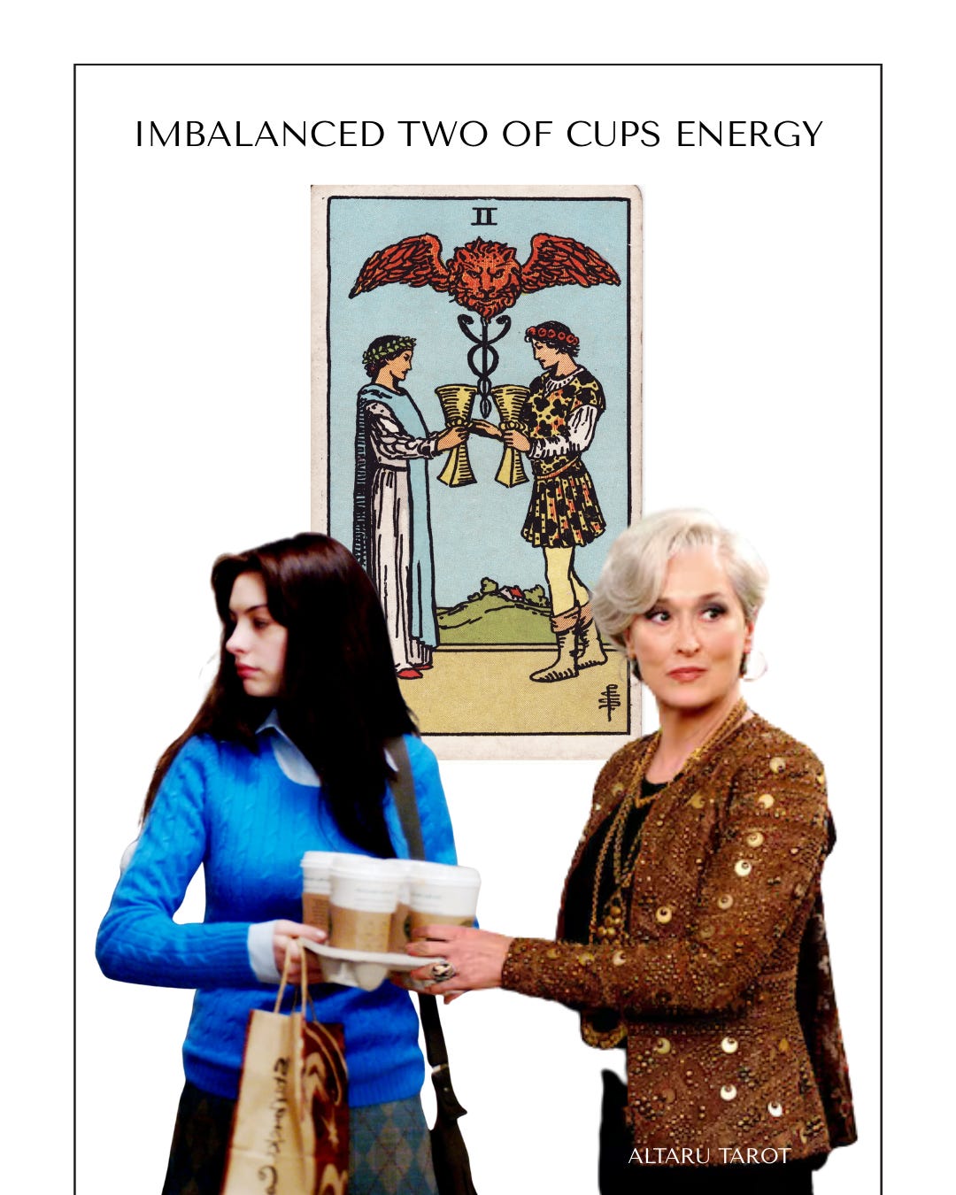 A digital collage titled "IMBALANCED TWO OF CUPS ENERGY" at the top. The background features the traditional Rider-Waite Two of Cups tarot card, showing two figures exchanging cups under a winged lion's head and a caduceus. In the foreground, cutouts of Andy Sachs carrying multiple coffee cups and Miranda Priestly from The Devil Wears Prada are placed on opposite sides, mirroring the arrangement of the figures on the tarot card. The bottom right features the watermark "ALTARU TAROT".