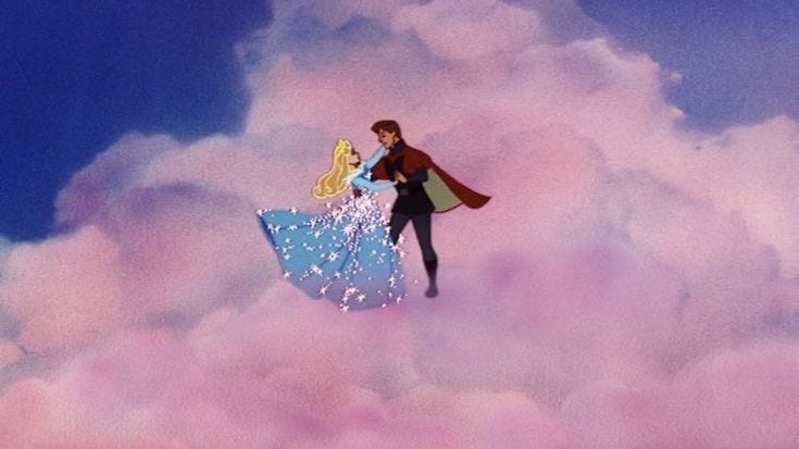 This may contain: a man and woman standing on top of a blue umbrella in the sky with pink clouds