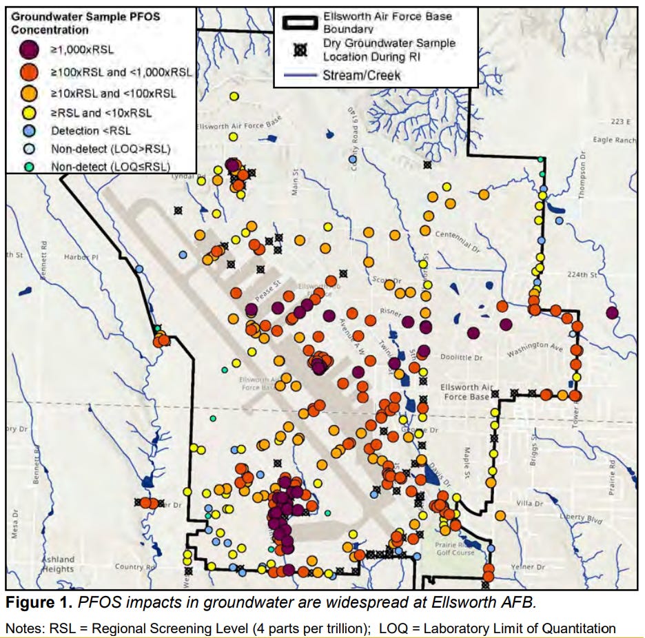 Map of PFOS contamination in groundwater at Ellsworth Air Force Base, based on a remedial investigation report. (Courtesy of Ellsworth Air Force Base Restoration Newsletter) Map of PFOS contamination in groundwater at Ellsworth Air Force Base, based on a remedial investigation report. (Courtesy of Ellsworth Air Force Base Restoration Newsletter)