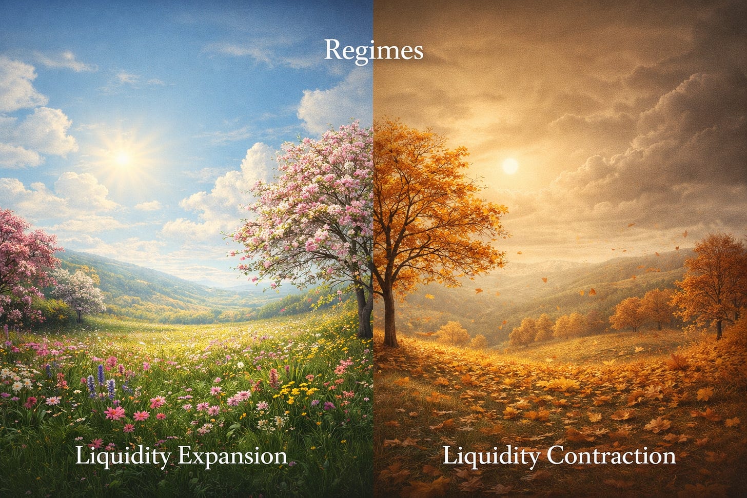 Split illustration showing two economic regimes through seasons: spring on the left with blooming trees and growth symbolizing liquidity expansion, and autumn on the right with falling leaves and decay symbolizing liquidity contraction. Split illustration showing two economic regimes through seasons: spring on the left with blooming trees and growth symbolizing liquidity expansion, and autumn on the right with falling leaves and decay symbolizing liquidity contraction.