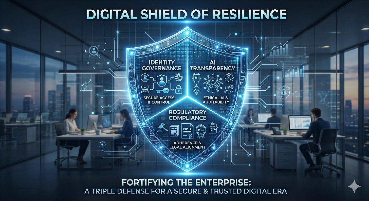 The central shield is composed of a glowing blue data grid, divided into three sectors labeled: "Identity Governance," "AI Transparency," and "Regulatory Compliance." 
