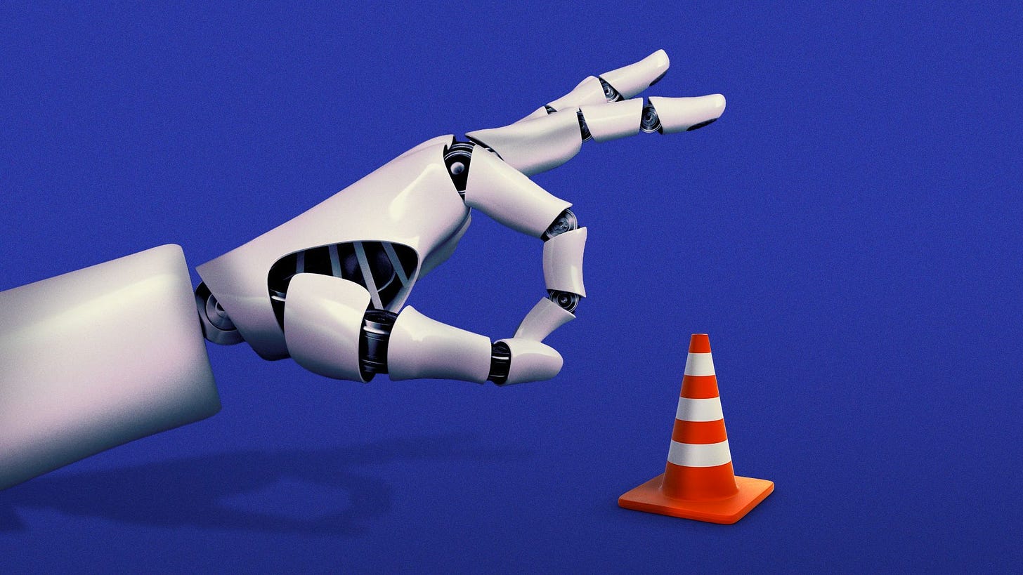 Illustration of a robot hand about to flick a safety cone.