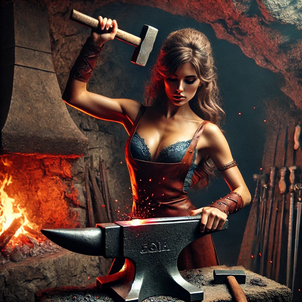 The beautiful goddess Gaia in a dark cave forge, wearing a leather apron. She is hammering at a sword on an anvil with a natural and realistic hammering position, surrounded by red sparks from the glowing hot metal. The hammer is held firmly in her hand above the sword in a way that shows her strength and skill. The cave's rocky walls are dimly lit, while the forge's fire adds a reddish glow to the scene, emphasizing the intensity and focus on her face. The beautiful goddess Gaia in a dark cave forge, wearing a leather apron. She is hammering at a sword on an anvil with a natural and realistic hammering position, surrounded by red sparks from the glowing hot metal. The hammer is held firmly in her hand above the sword in a way that shows her strength and skill. The cave's rocky walls are dimly lit, while the forge's fire adds a reddish glow to the scene, emphasizing the intensity and focus on her face.
