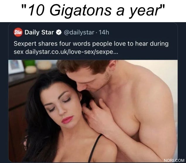 Text: "'10 gigatonnes a year'". Below, a Daily Star tweet reading "Sexpert shares four words people love to hear during sex", with a stock photo of an embracing couple.