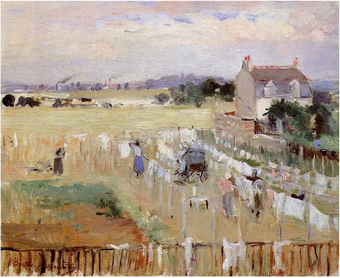 Hanging the Laundry Out to Dry; shows women hanging laundry in a yard, beyond are fields and houses