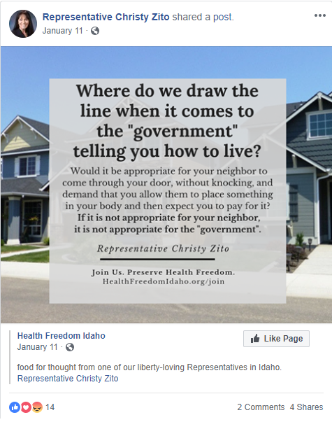 Representative Christy Zito connected Health Freedom Idaho with her post Representative Christy Zito connected Health Freedom Idaho with her post