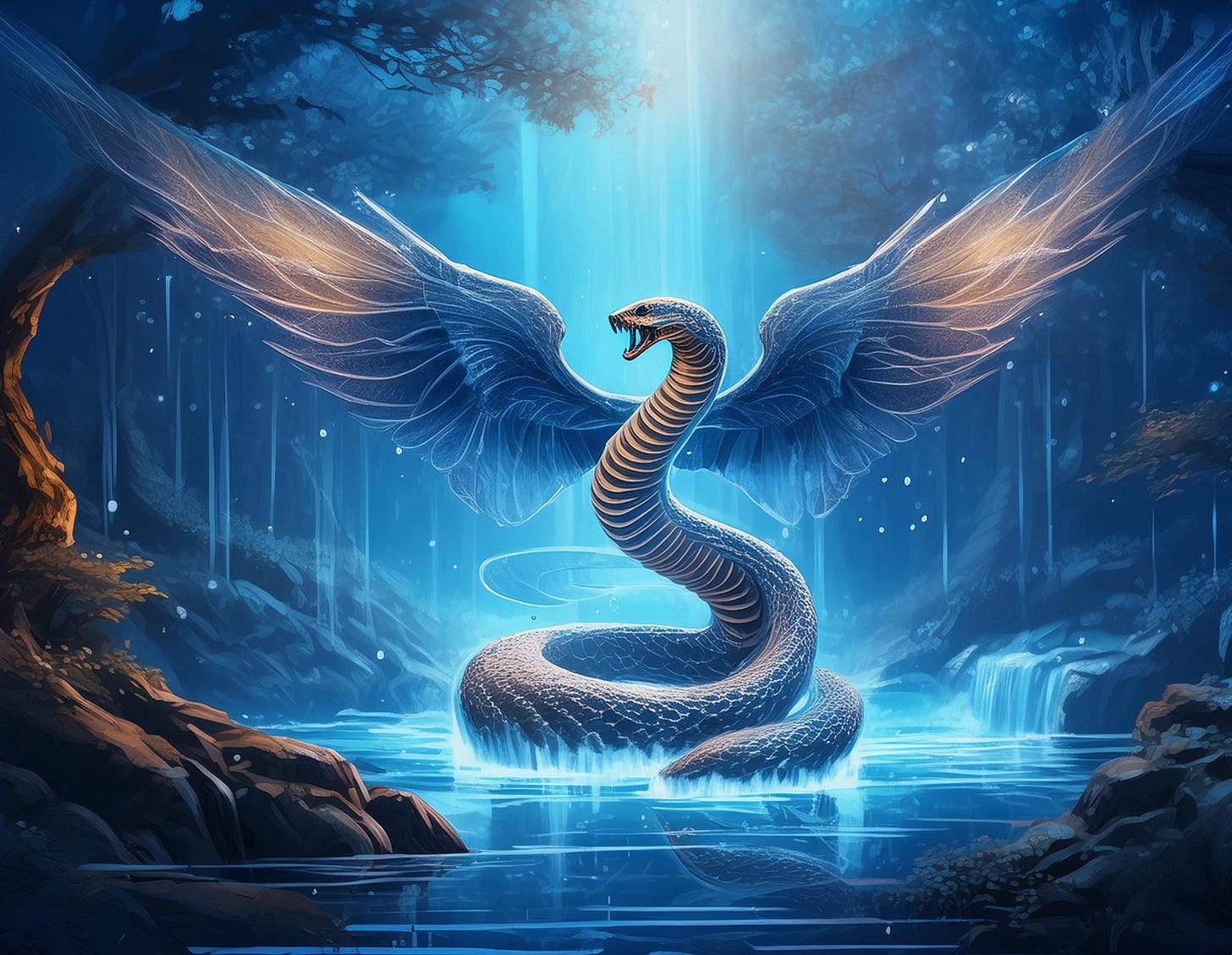 A winged serpent in a river.