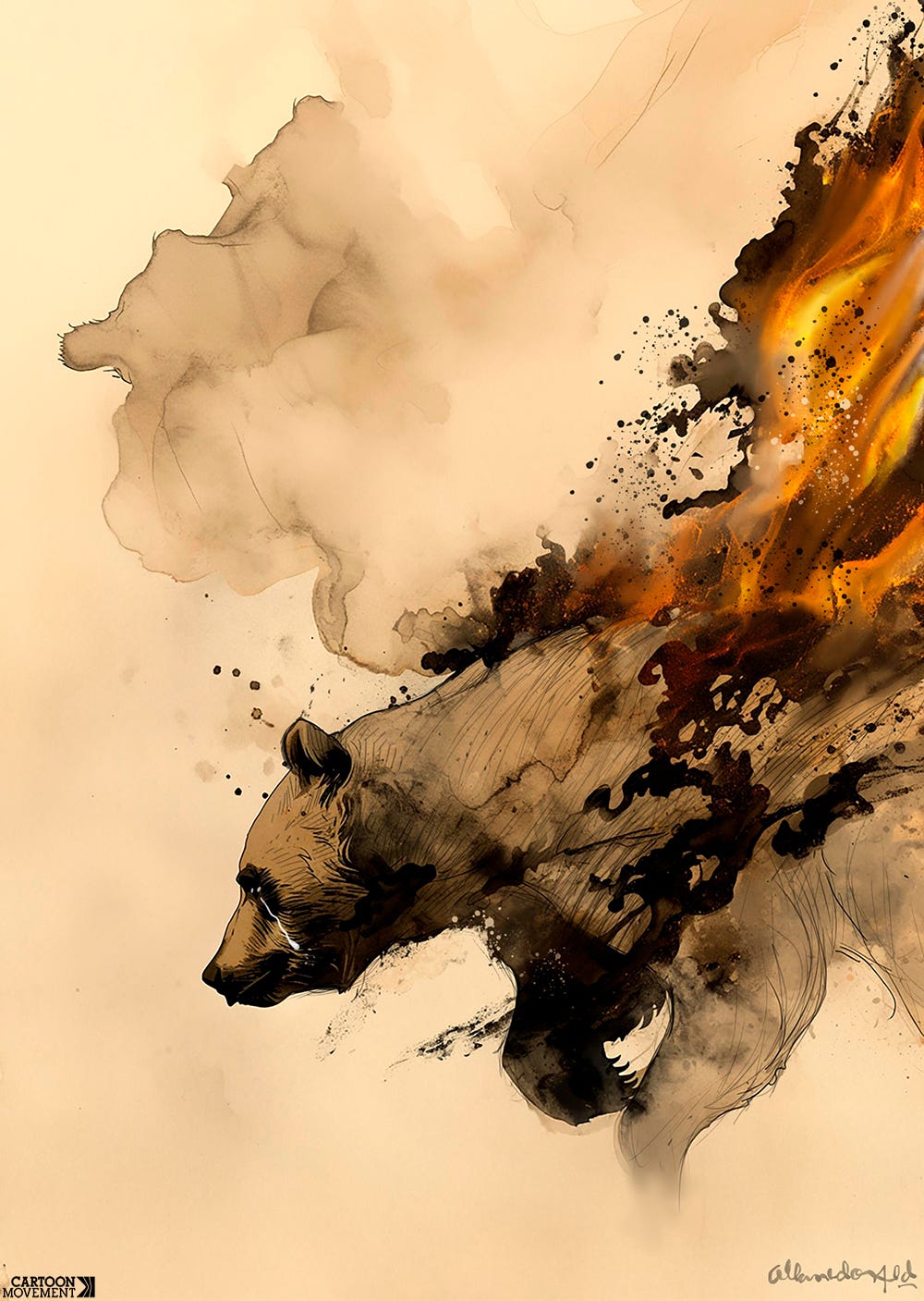 Cartoon showing the bear of the Californian flag running into the frame of the cartoon while its back is on fire.