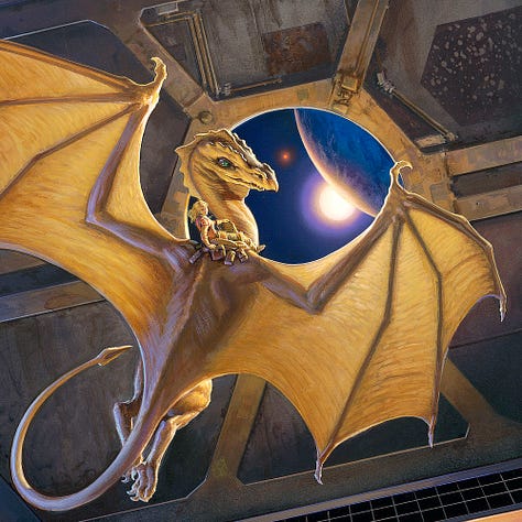 LEFT: Detail from DRAGON ABOARD featuring the dragon and female rider with a view out to the planet with a sun intersecting and partially obscured while the red star orbits nearby. CENTER: Figure detail from DRAGON ABOARD featuring the female rider leaning back in her saddle as the dragon hovers turning its head in profile to the audience. Its wings frame a porthole looking out at a planet with star emerging at its edge. An ominous red dot glows nearby in the line of sight implied by the position of the dragon’s head. RIGHT: Background detail from DRAGON ABOARD featuring a portrait of Anne McCaffrey displayed on a video screen above the control panel to access the cargo hold.