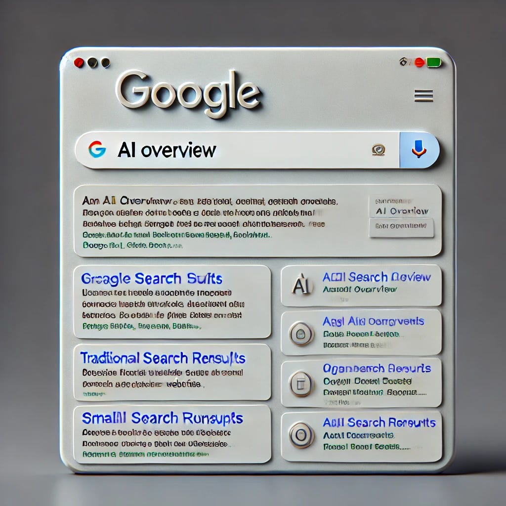 A realistic screenshot-style image of a Google search results page displaying an AI Overview. The AI Overview is at the top, enclosed in a light gray box, with a brief text summary and a few bullet points. Below, traditional organic search results are listed, slightly pushed down. The AI Overview includes small citation links to real-looking websites. The design closely mimics the actual Google interface, making it appear as an authentic search page.