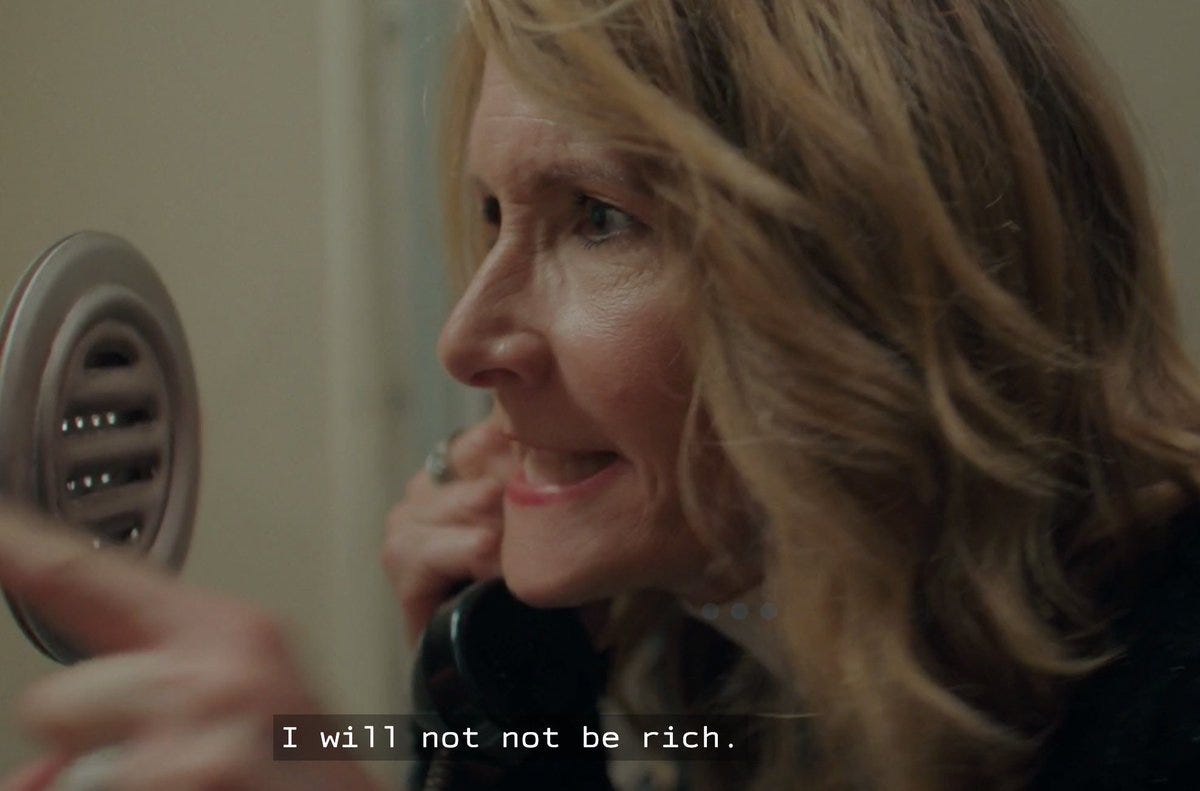 Renata Klein speaking into a jail phone to her husband saying "I will not not be rich"