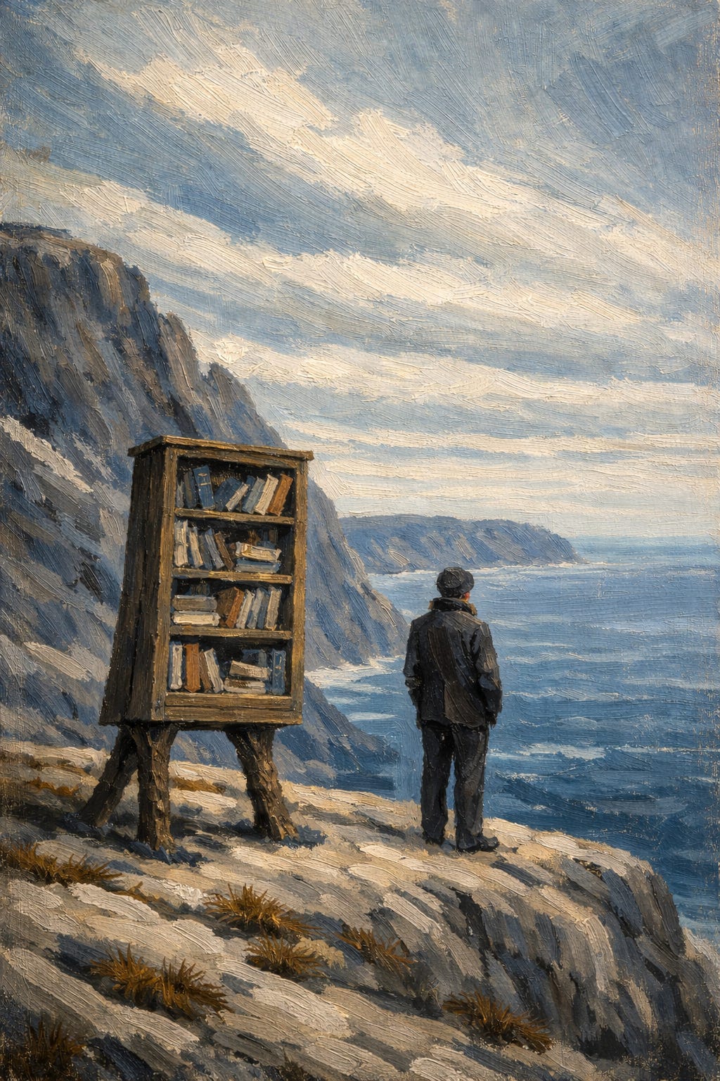 A solitary figure stands on Signal Hill overlooking the ocean beside an upright bookshelf embedded in the landscape. The bookshelf represents a personal library that has become active and responsive — a metaphor for a living knowledge system and an AI that learns by moving through accumulated notes, books, and memory rather than retrieving static information. The scene reflects the essay’s central idea of wayfinding with a living library and an artificial mind.