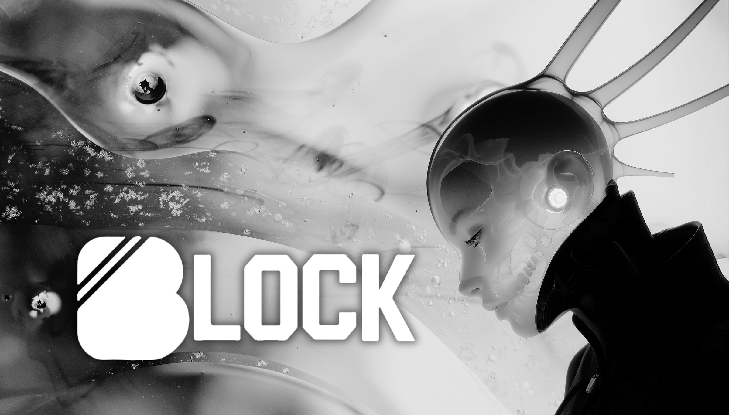 Futuristic grayscale design showcasing a robotic human figure with a semi-transparent skull revealing internal structures, including a glowing circular ear enhancement. The head features elongated, fin-like protrusions extending backward. The background includes abstract, fluid-like shapes resembling waves or smoke, a large eye-like form blending into the scene, and scattered snowflake-like patterns. Bold white 'BLOCK' text contrasts against the sleek, modern aesthetic, emphasizing themes of technology, innovation, and the fusion of humanity with advanced cybernetics.