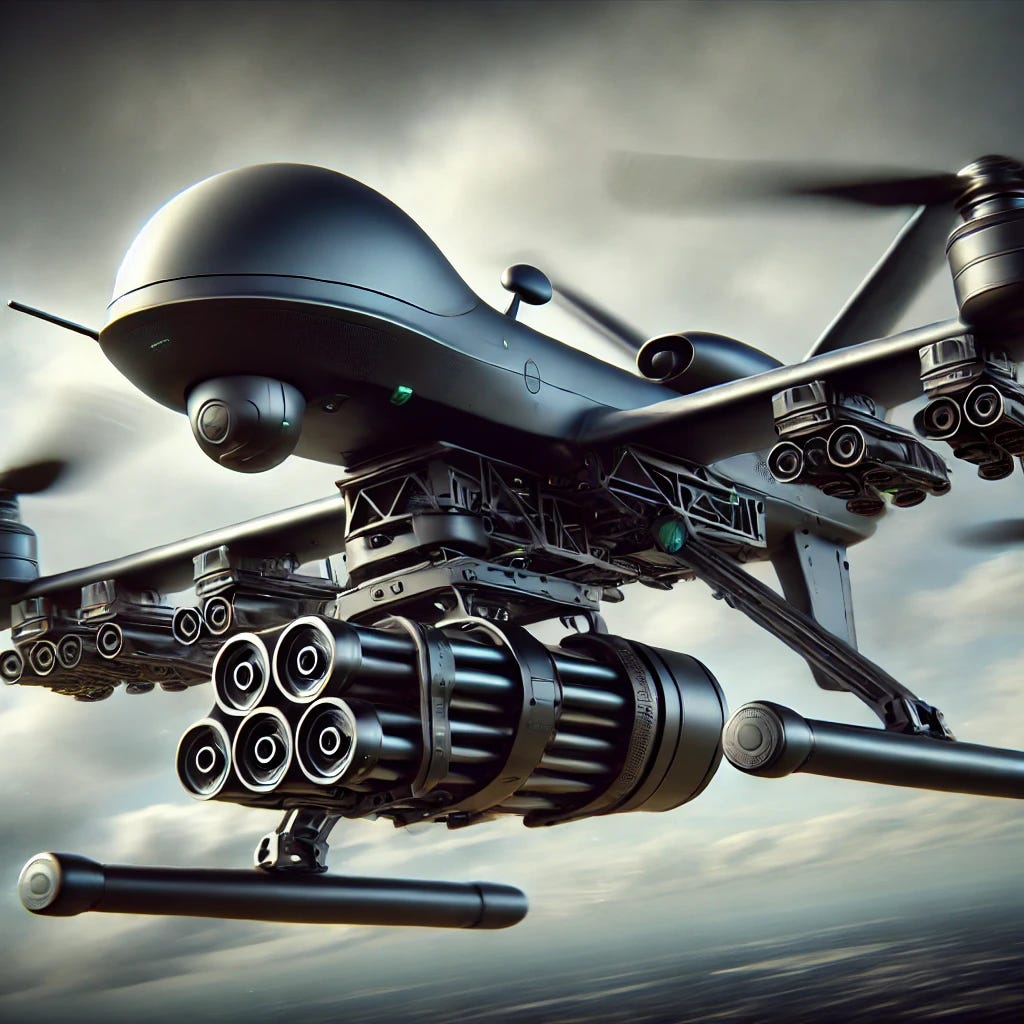 A high-tech military drone in mid-flight, carrying a rotary autocannon underneath its frame. The drone is sleek, with a matte black finish, aerodynamic design, and futuristic features like retractable wings and sensors. The rotary autocannon is mounted securely, with barrels visible and ready for action. The background shows a cloudy sky with a hint of a battlefield below. The scene is dynamic, capturing the motion of the drone as it maneuvers through the air, highlighting the contrast between advanced technology and the ominous purpose of the weaponry.